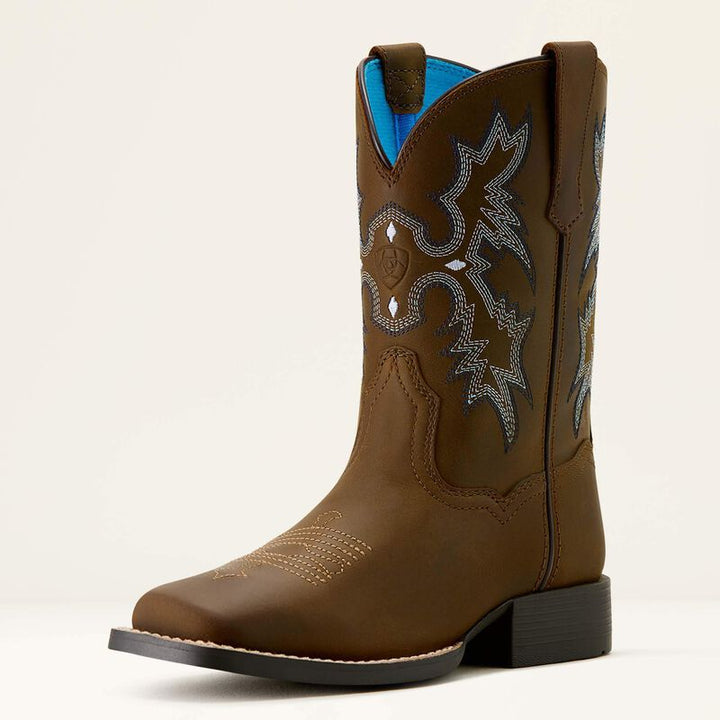 Kid's Tombstone Wide Square Toe Western Boot - Distressed Brown