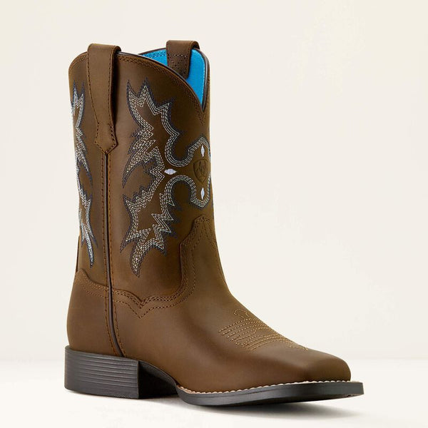 Kid's Tombstone Wide Square Toe Western Boot - Distressed Brown