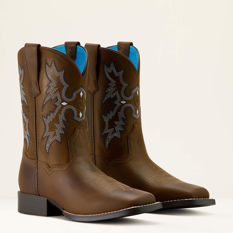 Kid's Tombstone Wide Square Toe Western Boot - Distressed Brown