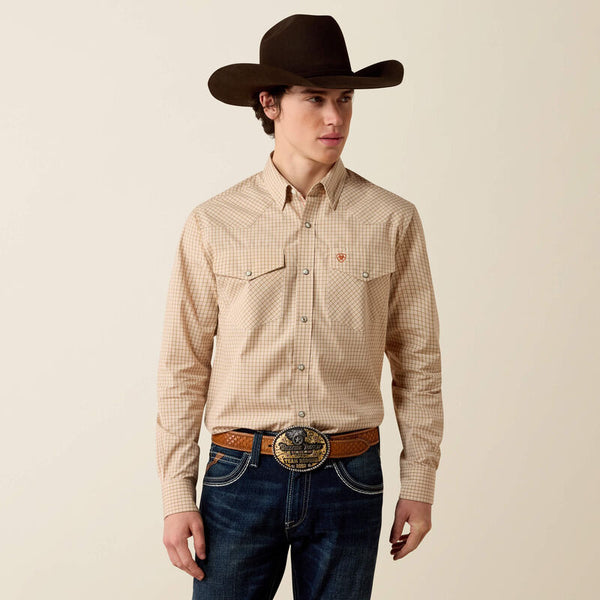 Pro Series West Fitted Snap Shirt - Beige Micro Plaid