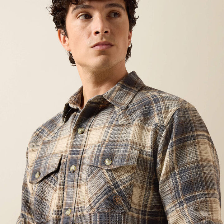 Retro Waffle Button Down Fitted Shirt - Oyster Grey Plaid