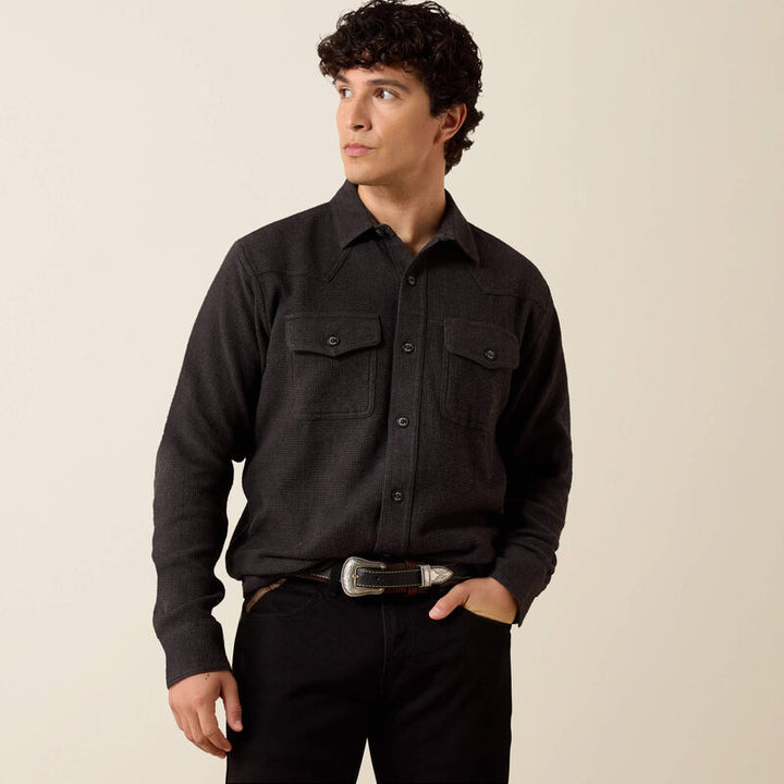 Retro Waffle Button Down Fitted Shirt - Charcoal Heather
