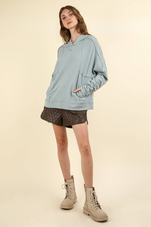 Raw Edge Cute Detail Hoodie Knit Top: Denim Blue