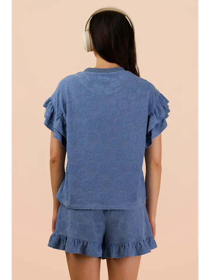 Floral Textured Ruffle Knit Set - Denim
