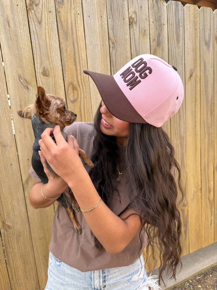 Dog Mom Puff Embroidered Trucker Hat - Pink & Brown