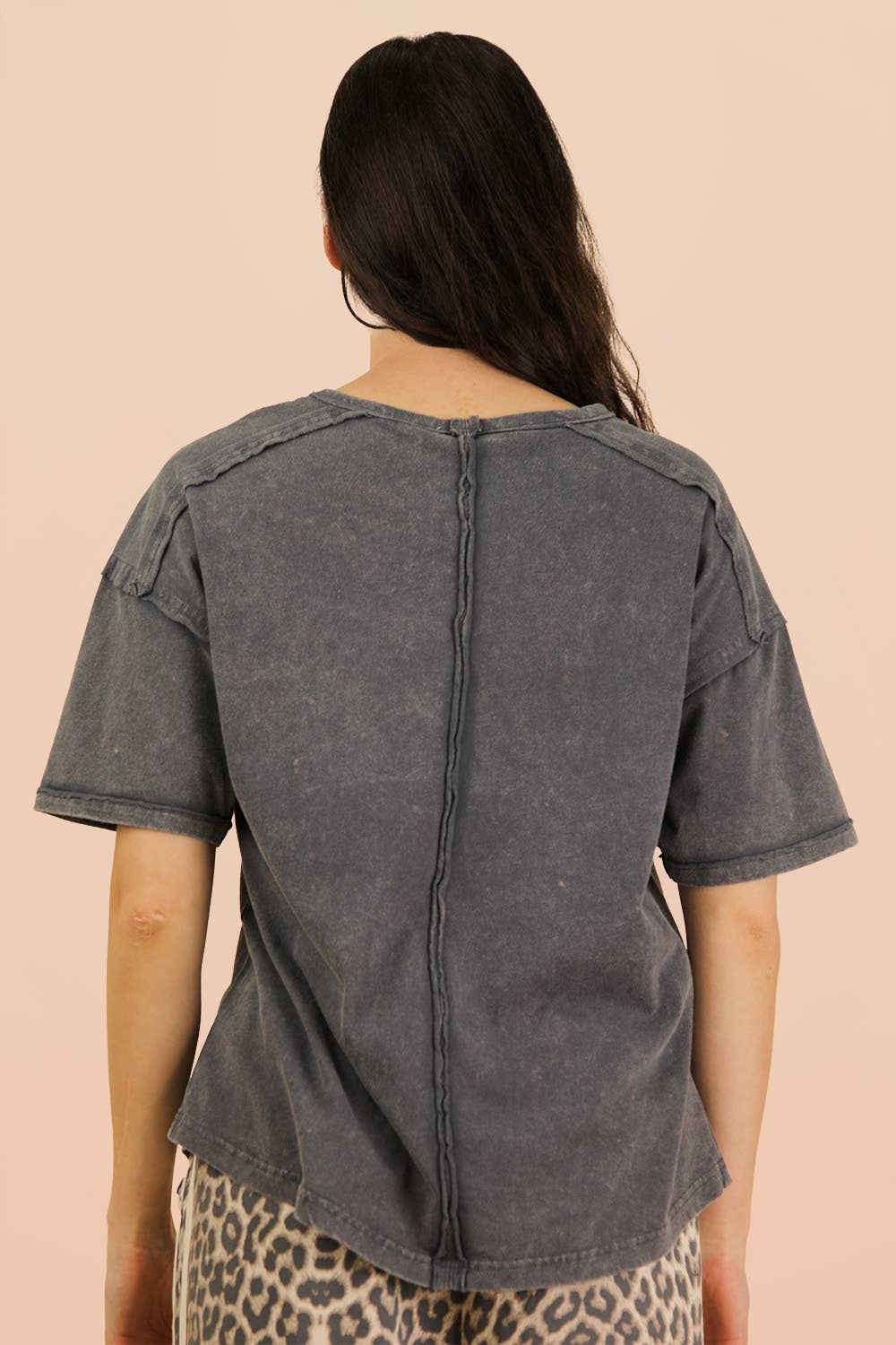 Mineral Washed Knit Top with Pocket - Charcoal