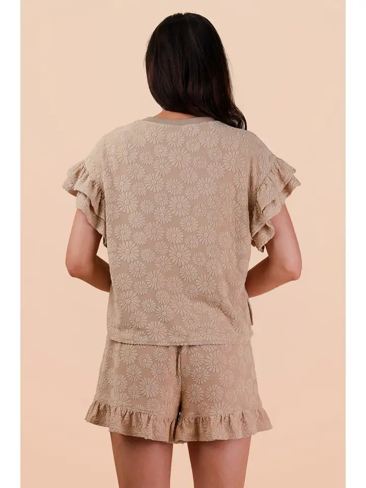 Floral Textured Ruffle Knit Set - Taupe