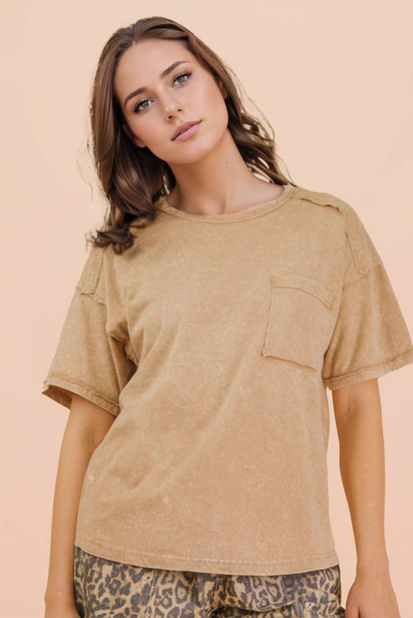 Mineral Washed Knit Top with Pocket - Taupe