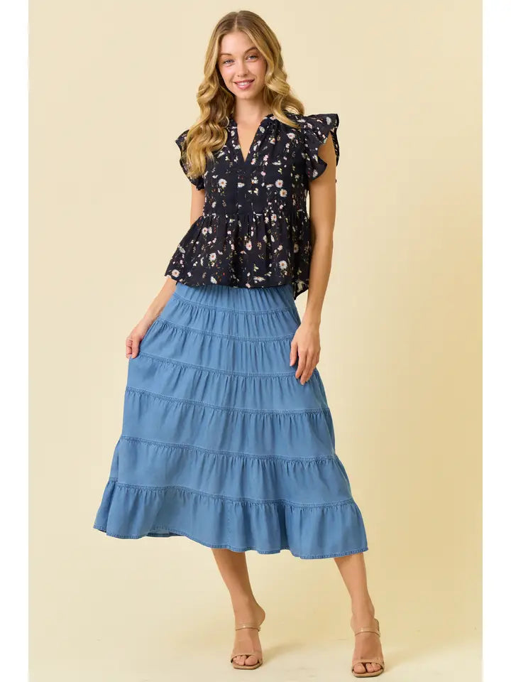 Floral Printed Ruffle Top - Black Multi