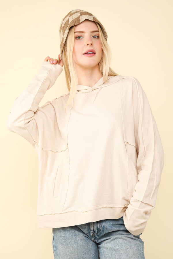 Raw Edge Cute Detail Hoodie Knit Top: Oatmeal