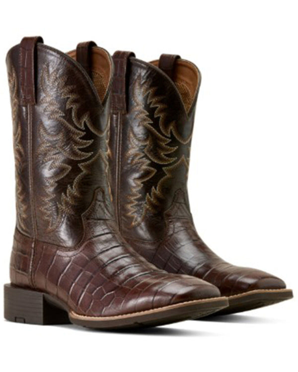 Men's Sport Crocodile Print Performance Broad Square Toe Western Boot - Chocolate