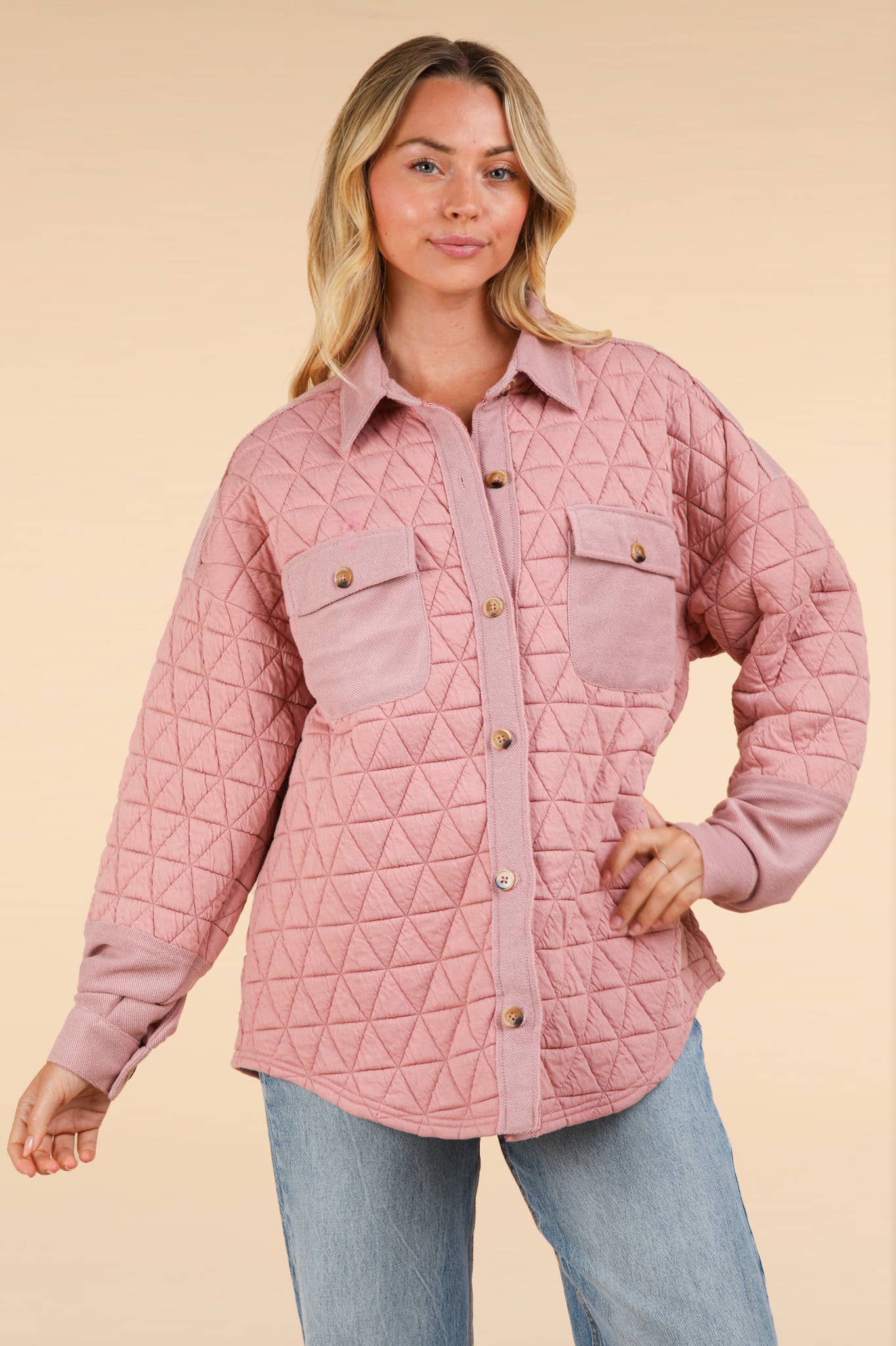 Oversized Quilted Cozy Shacket Jacket: Blush