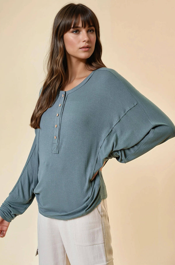 Dolman Sleeve Oversized Henley Top - Dusty Olive