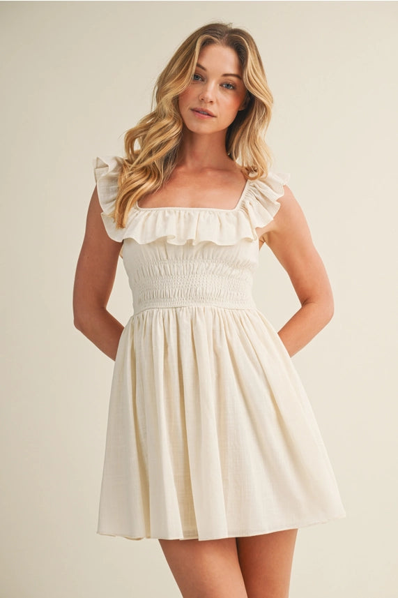 Square Neck Ruffled Back-Tie Dress - Natural