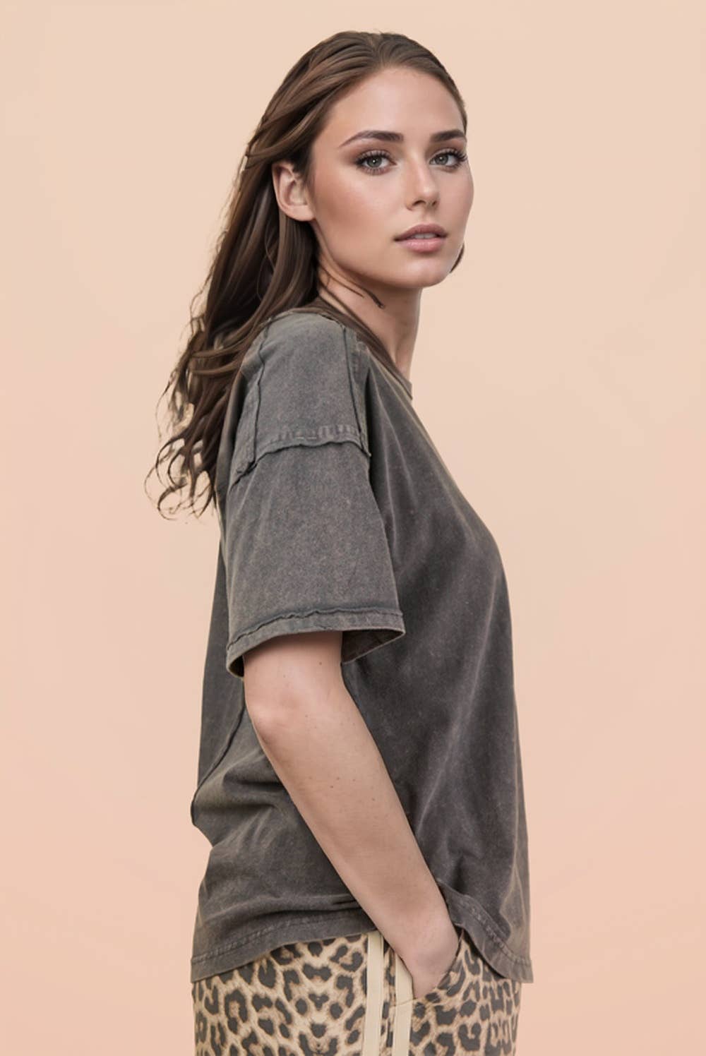 Mineral Washed Knit Top with Pocket - Charcoal