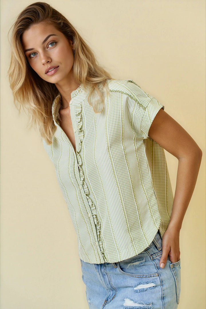 Gingham Ruffle Mix Top - Olive