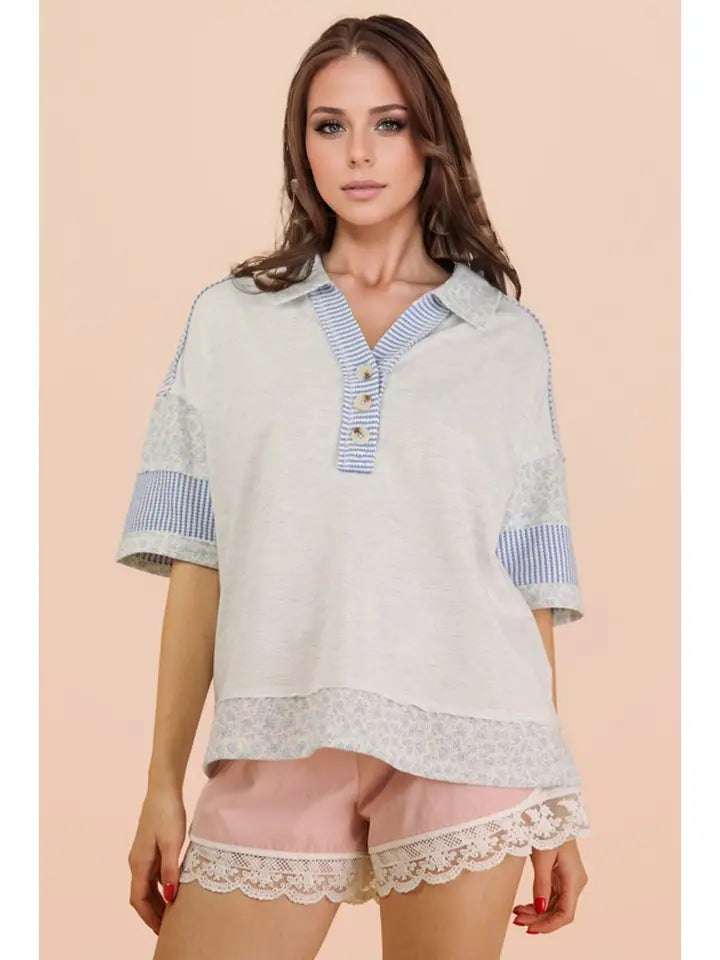 Oversized Collard Knit Top - Gray