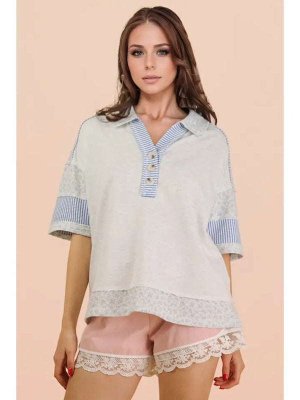 Oversized Collard Knit Top - Gray