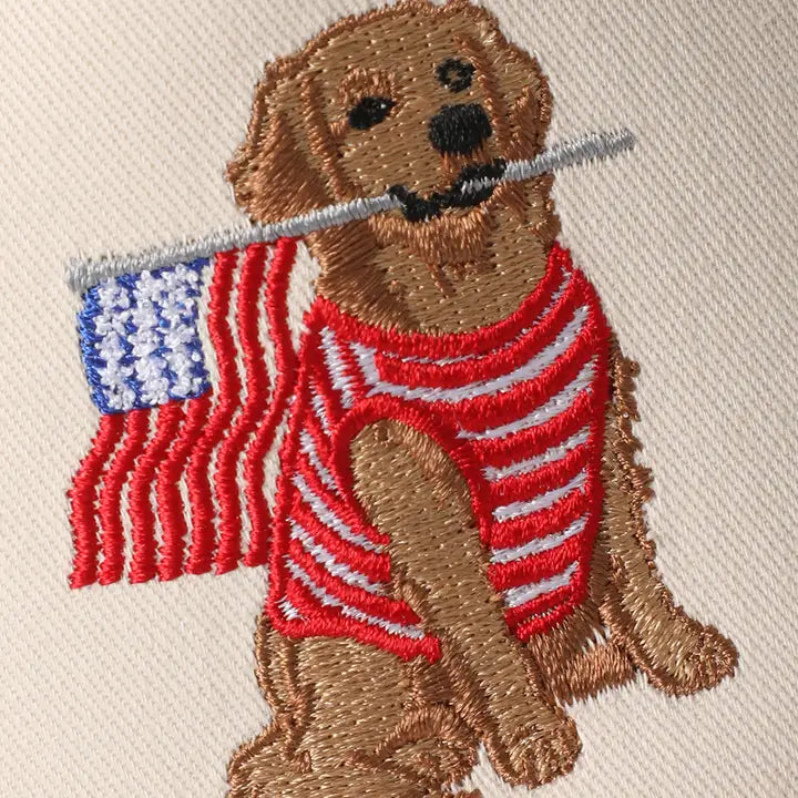 Golden Retriever Holding USA Flag Denim Brim Trucker Hat - Light Denim
