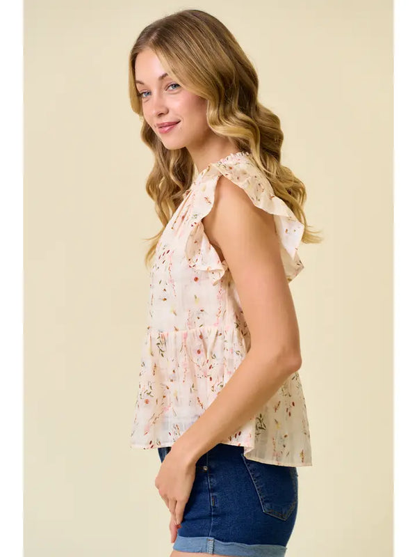 Floral Printed Ruffle Top - Cream Multi