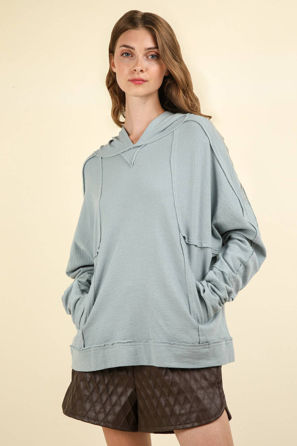 Raw Edge Cute Detail Hoodie Knit Top: Denim Blue