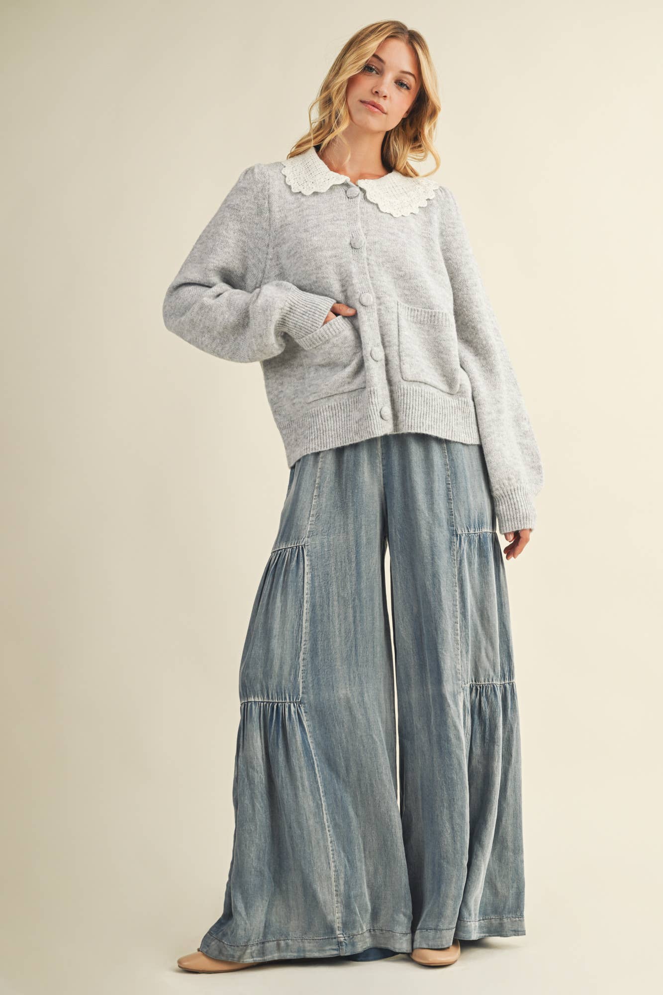 Ruffled Side Washed Denim Wide Leg Pant