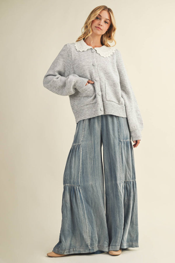 Ruffled Side Washed Denim Wide Leg Pant