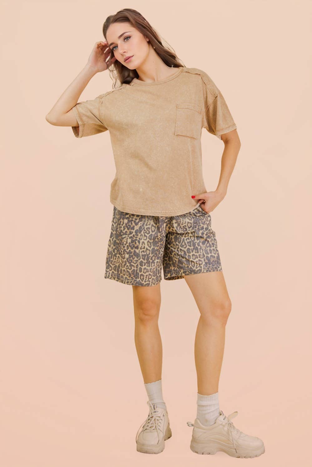 Mineral Washed Knit Top with Pocket - Taupe