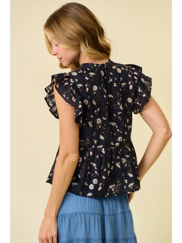 Floral Printed Ruffle Top - Black Multi