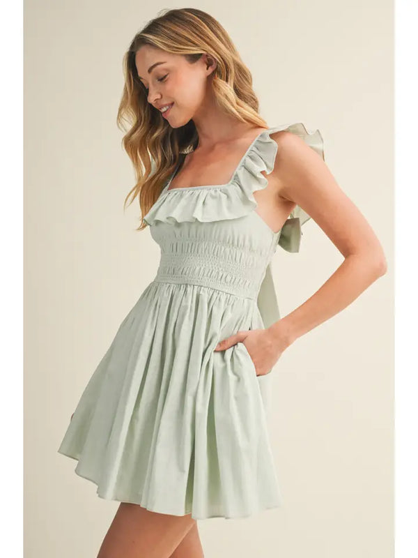 Square Neck Ruffled Back-Tie Dress - Muted Mint