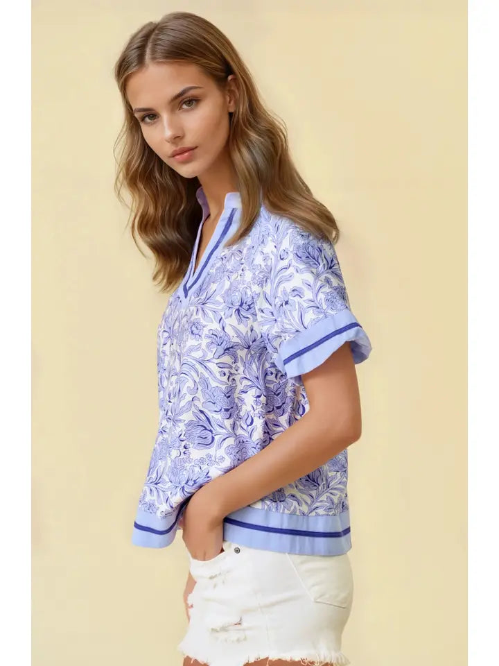 Floral Printed Ruffle Tiered Top - Peri Blue