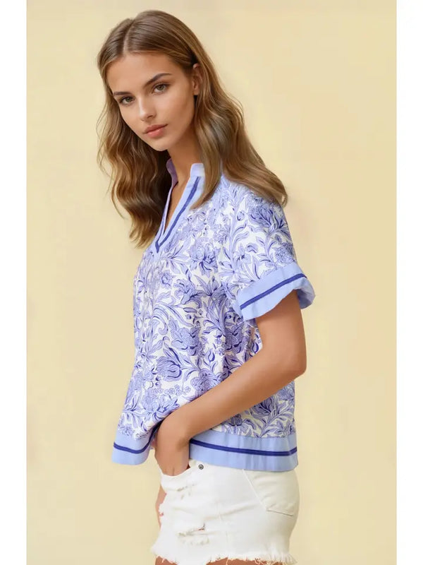 Floral Printed Ruffle Tiered Top - Peri Blue