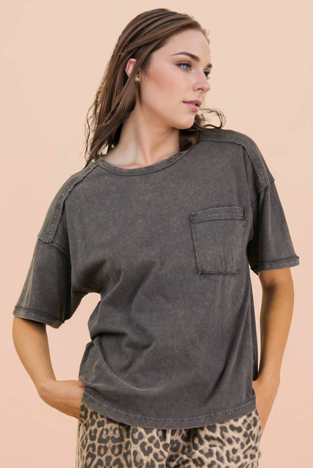 Mineral Washed Knit Top with Pocket - Charcoal
