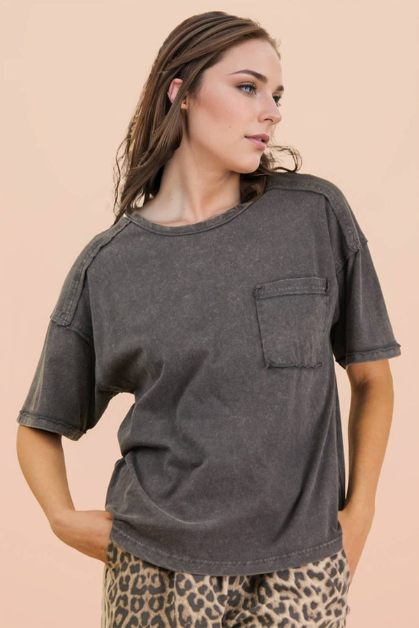 Mineral Washed Knit Top with Pocket - Charcoal