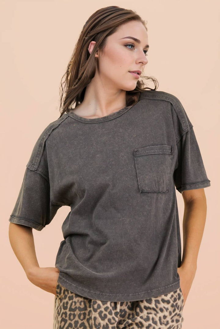 Mineral Washed Knit Top with Pocket - Charcoal