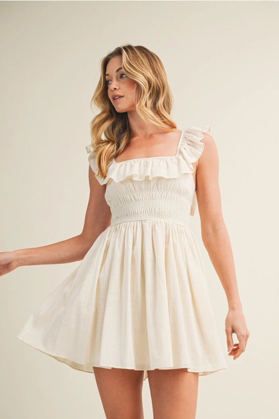 Square Neck Ruffled Back-Tie Dress - Natural