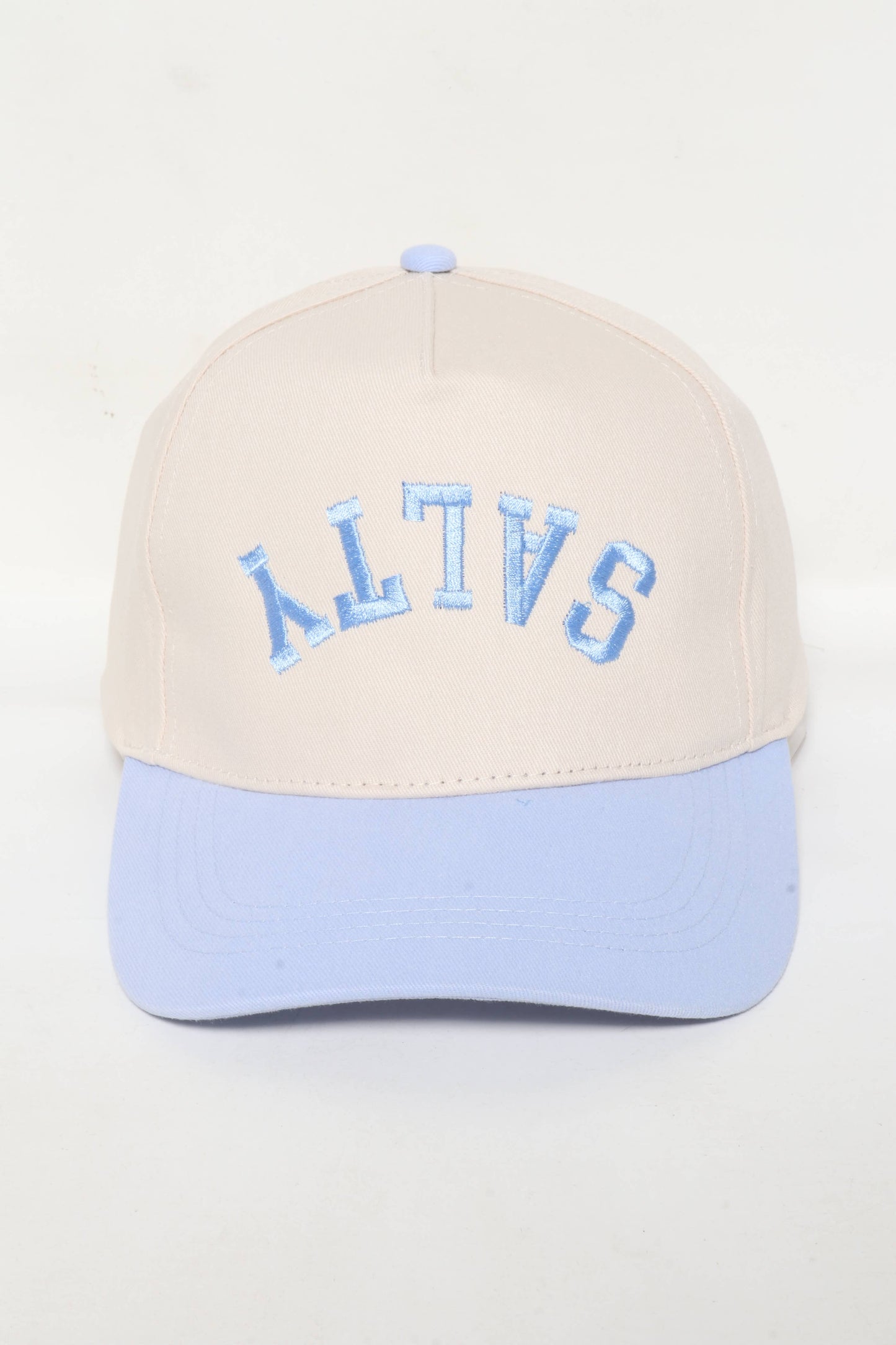 SALTY Upside Down Embroidery  Two Tone Baseball Caps: Light Blue