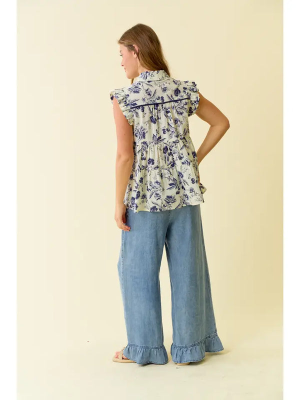 Denim Ruffle Bottom Wide Leg Pant