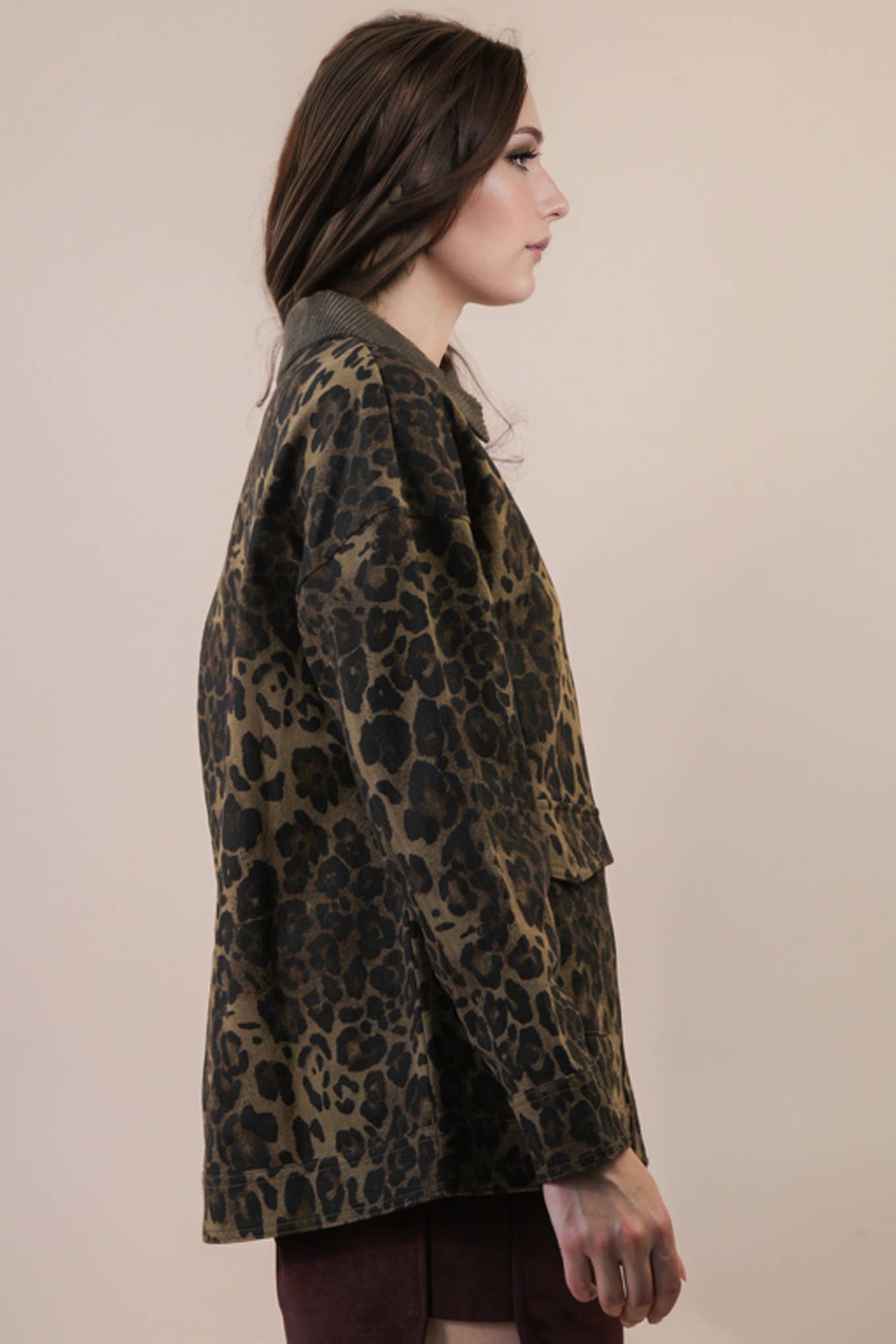 Leopard Print Washed Jacket - Olive