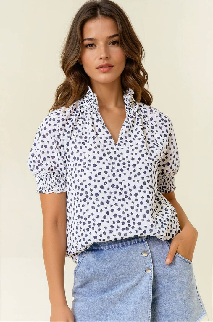Jacquard Dot V-Neck Top - Black