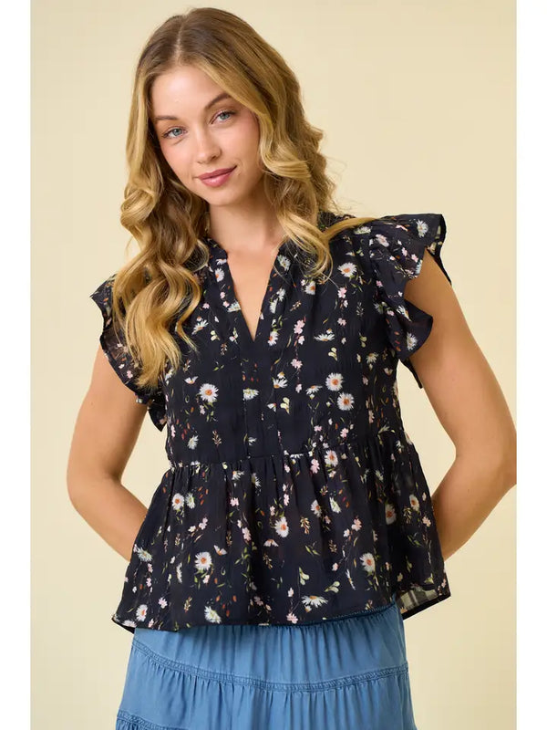 Floral Printed Ruffle Top - Black Multi