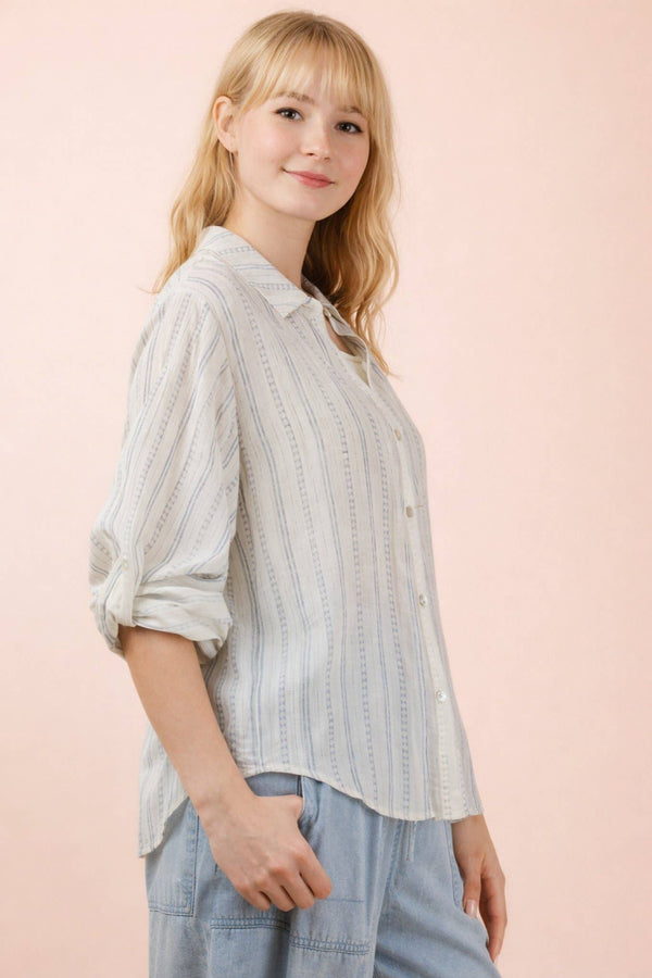 Roll up Half Sleeve Stripe Shirt Top - Black