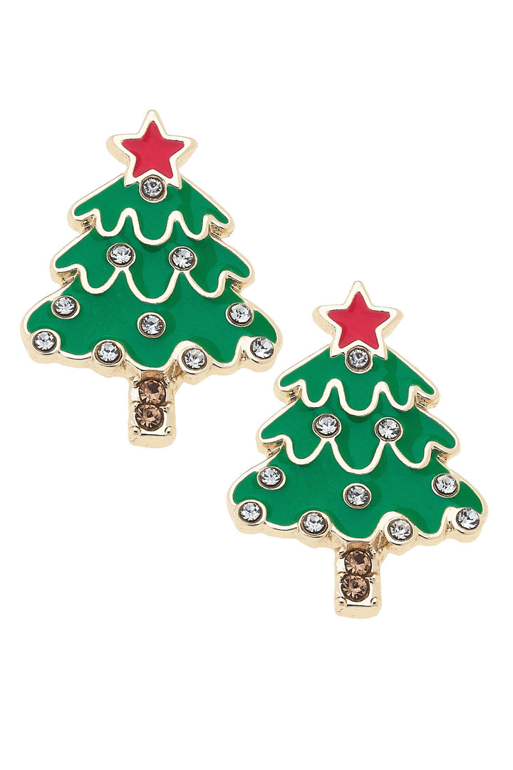 Rhinestone Enamel Christmas Tree Stud Earrings in Green