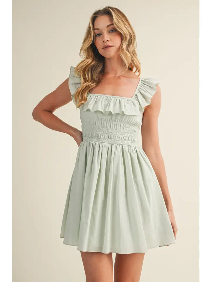 Square Neck Ruffled Back-Tie Dress - Muted Mint