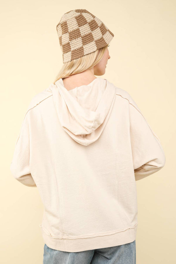 Raw Edge Cute Detail Hoodie Knit Top: Oatmeal