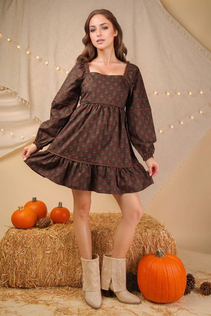 Printed Ruffle Detail Dress - Chocolate