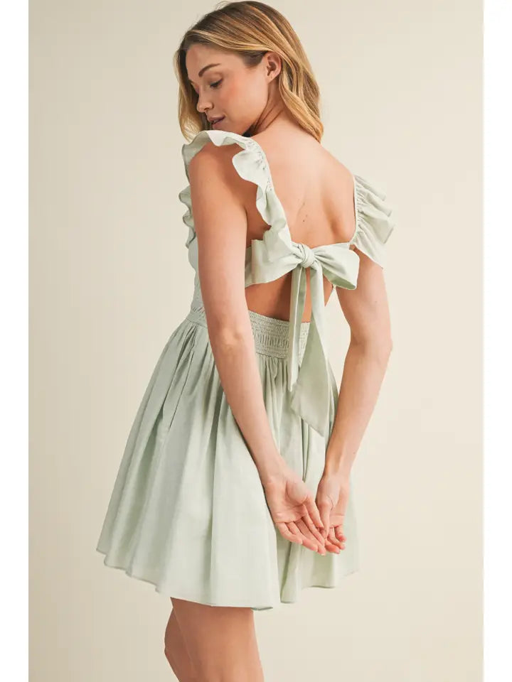 Square Neck Ruffled Back-Tie Dress - Muted Mint