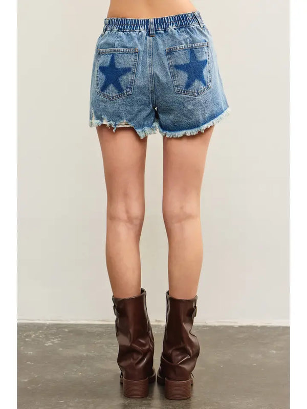 Back Pocket Star Shadow Patch Denim Shorts