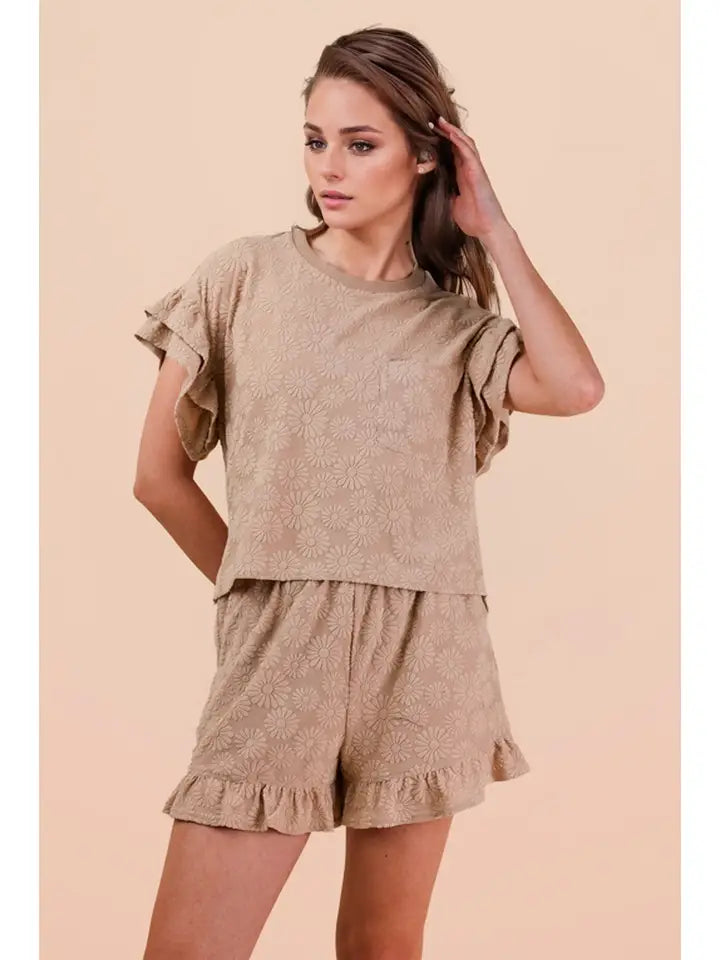 Floral Textured Ruffle Knit Set - Taupe