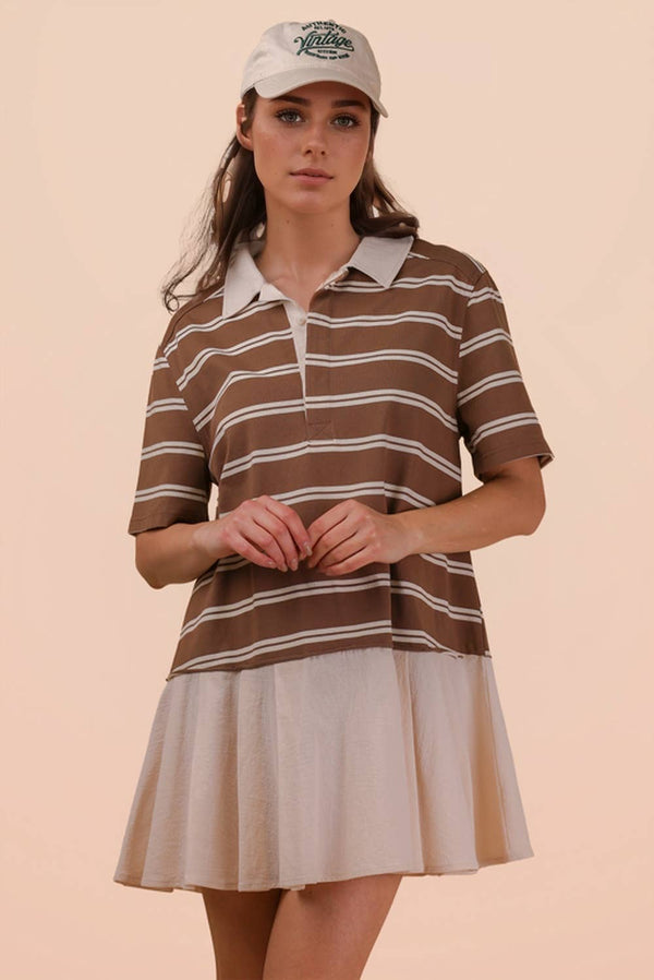 Striped Shirt Mini Dress - Mocha
